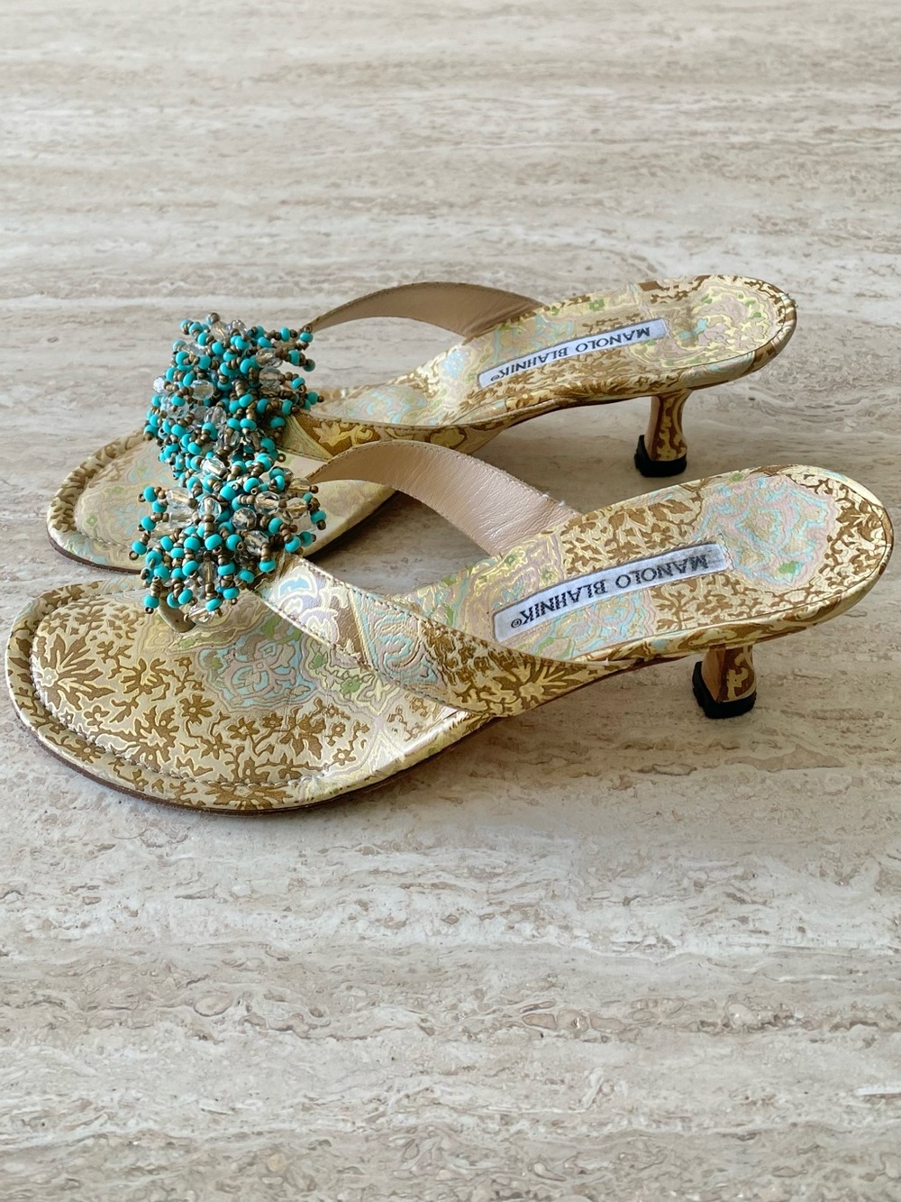 Vintage Manolo Blahnik Brocade Beaded Thong Sandal Heels - Picture 2 of 8